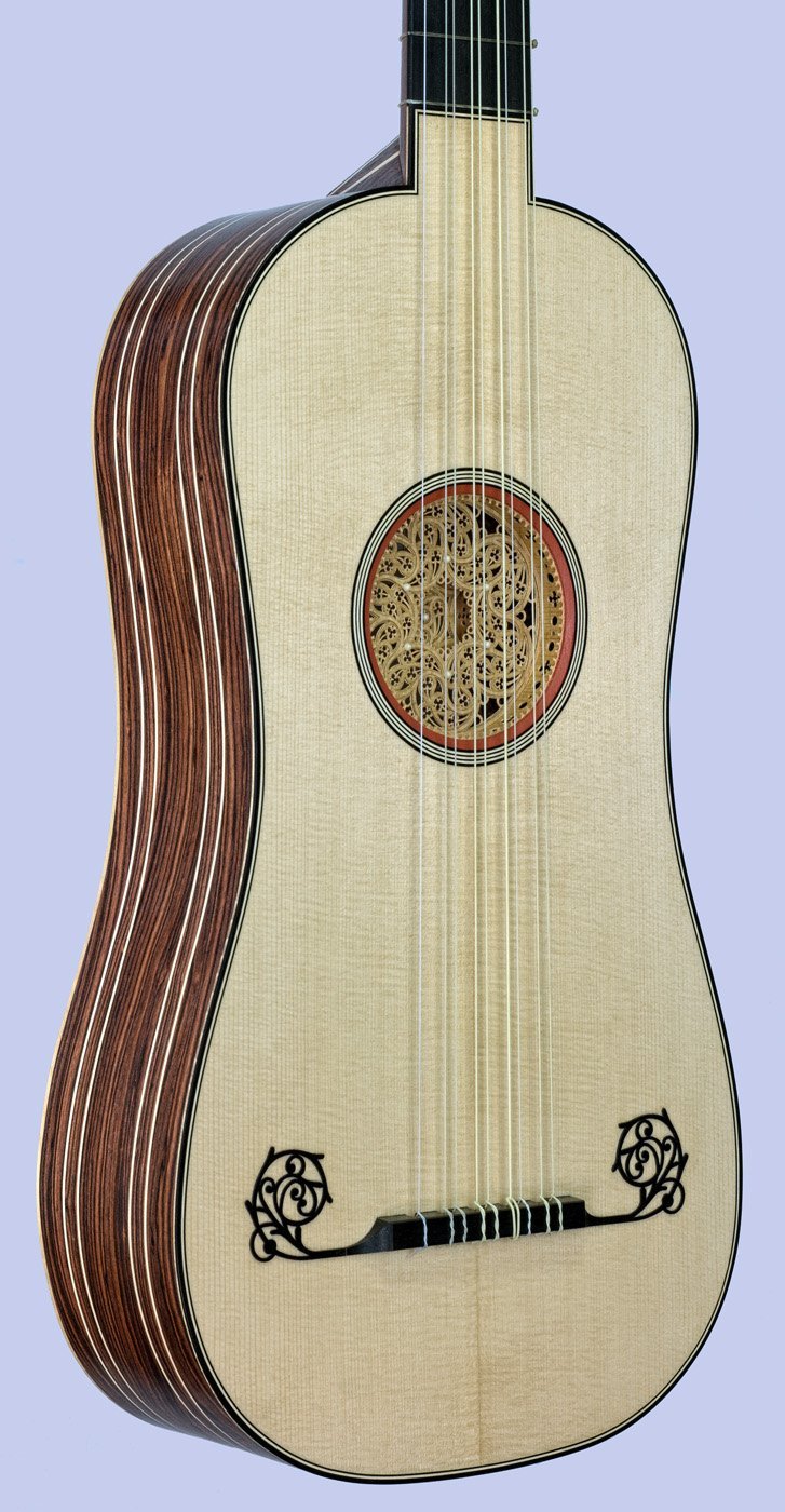 5-course baroque guitar with kingwood sides: soundboard view in perspective