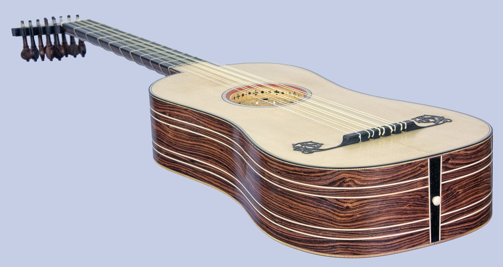5-course baroque guitar with kingwood sides: end view in perspective