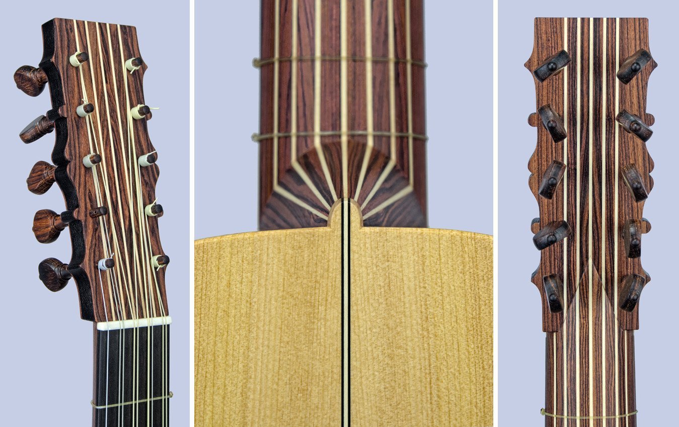5-course baroque guitar with kingwood sides: peg head and heel detail