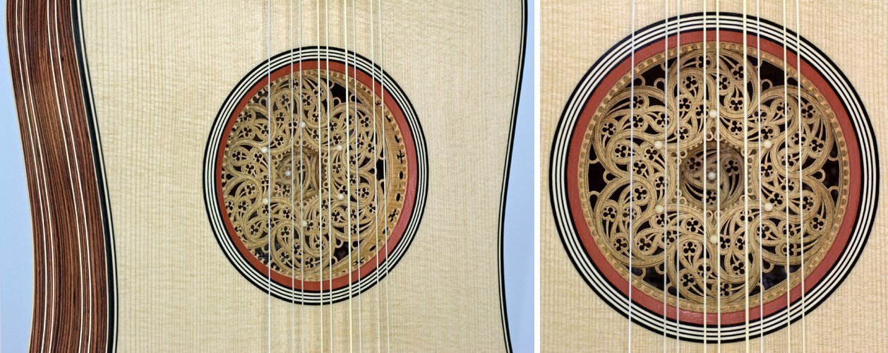 5-course baroque guitar with kingwood sides: rose view in perspective