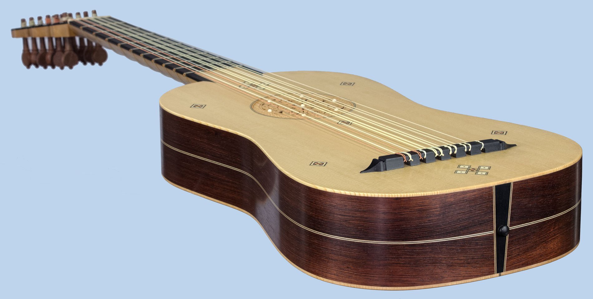 Flat-back vihuela with inlays end view in perspective