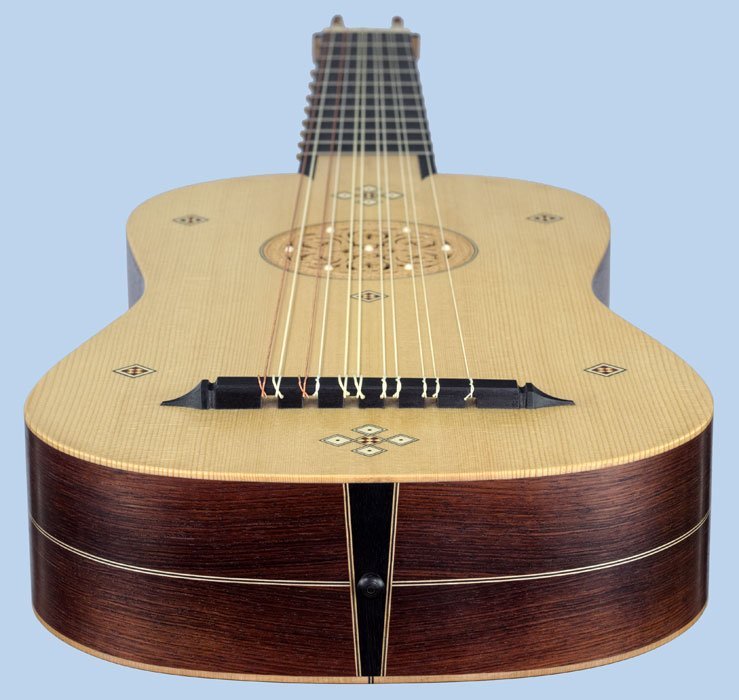 Flat-back vihuela with inlays end view