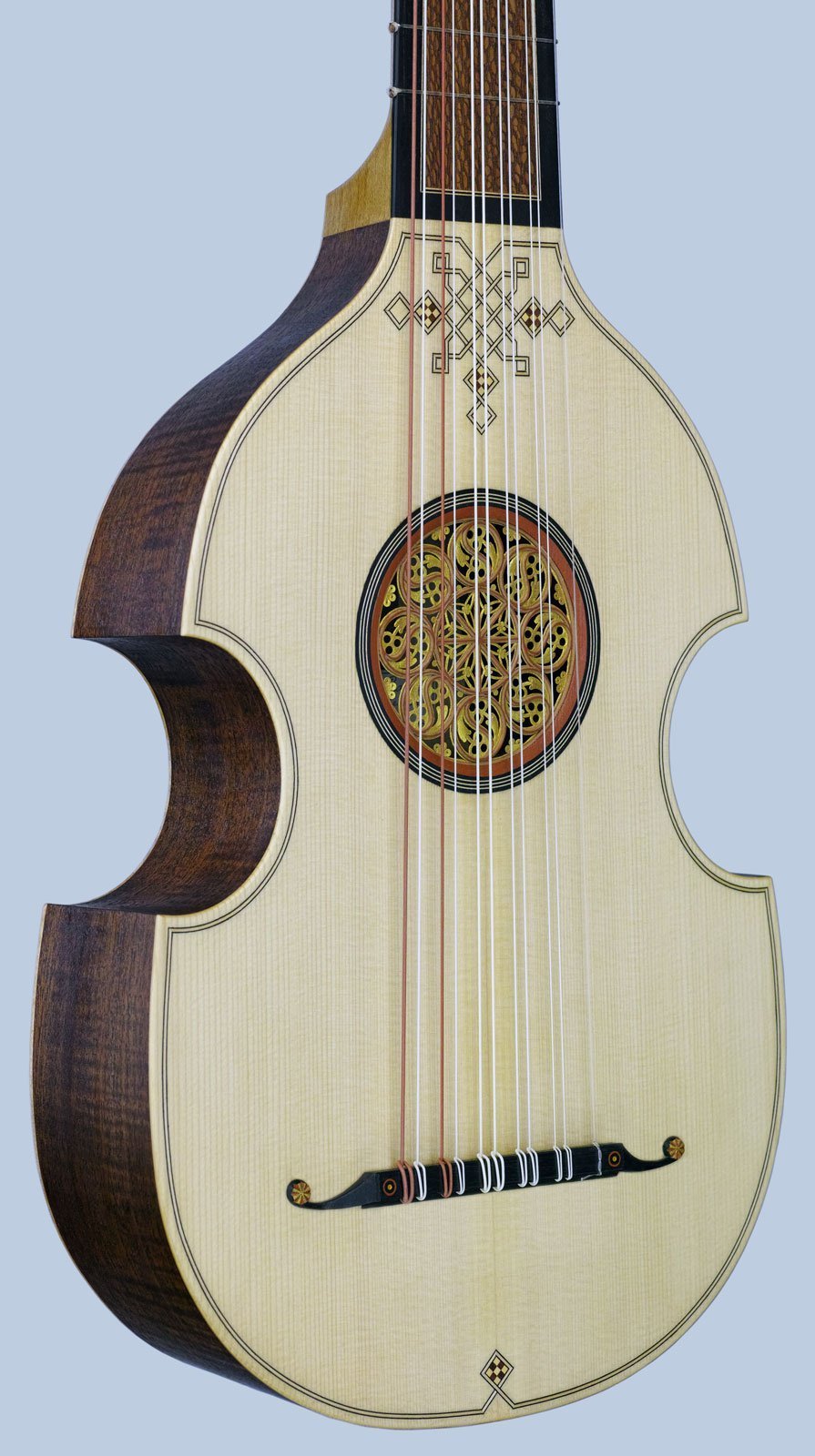 Vihuela de mano, plucked Italian vioal after dai Libri painting, full soundboard view in perspective
