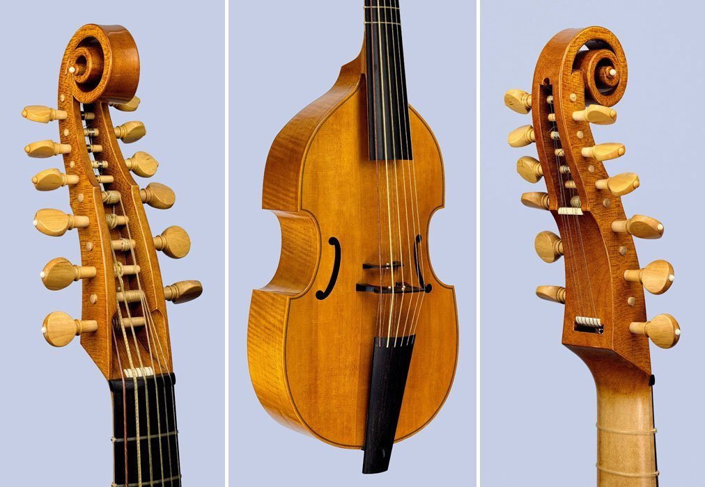 lyra viol with sympathetic strings peghead front