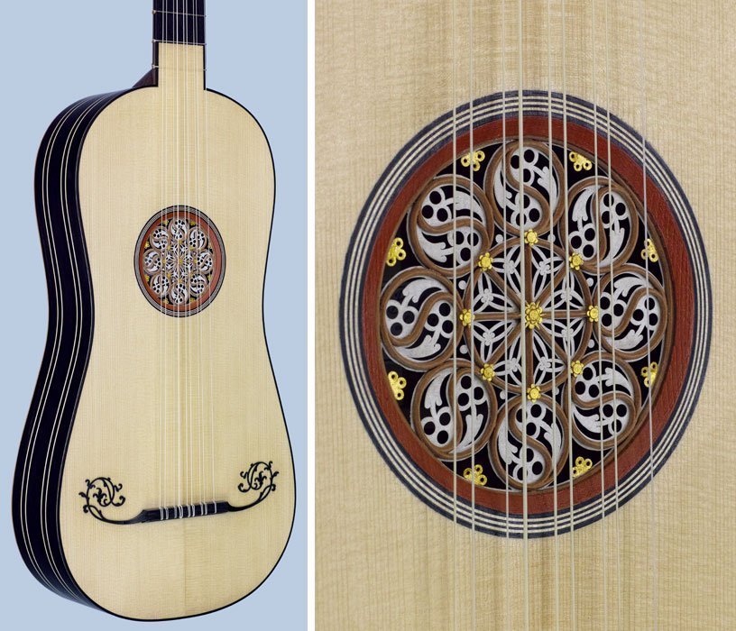 5-course Italian baroque guitar, based on the original Sellas guitar model, Venice c.1640: soundboard and close-up of the rose