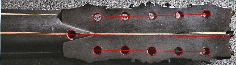 Peg holes layout of the Dias vihuela (rear side)