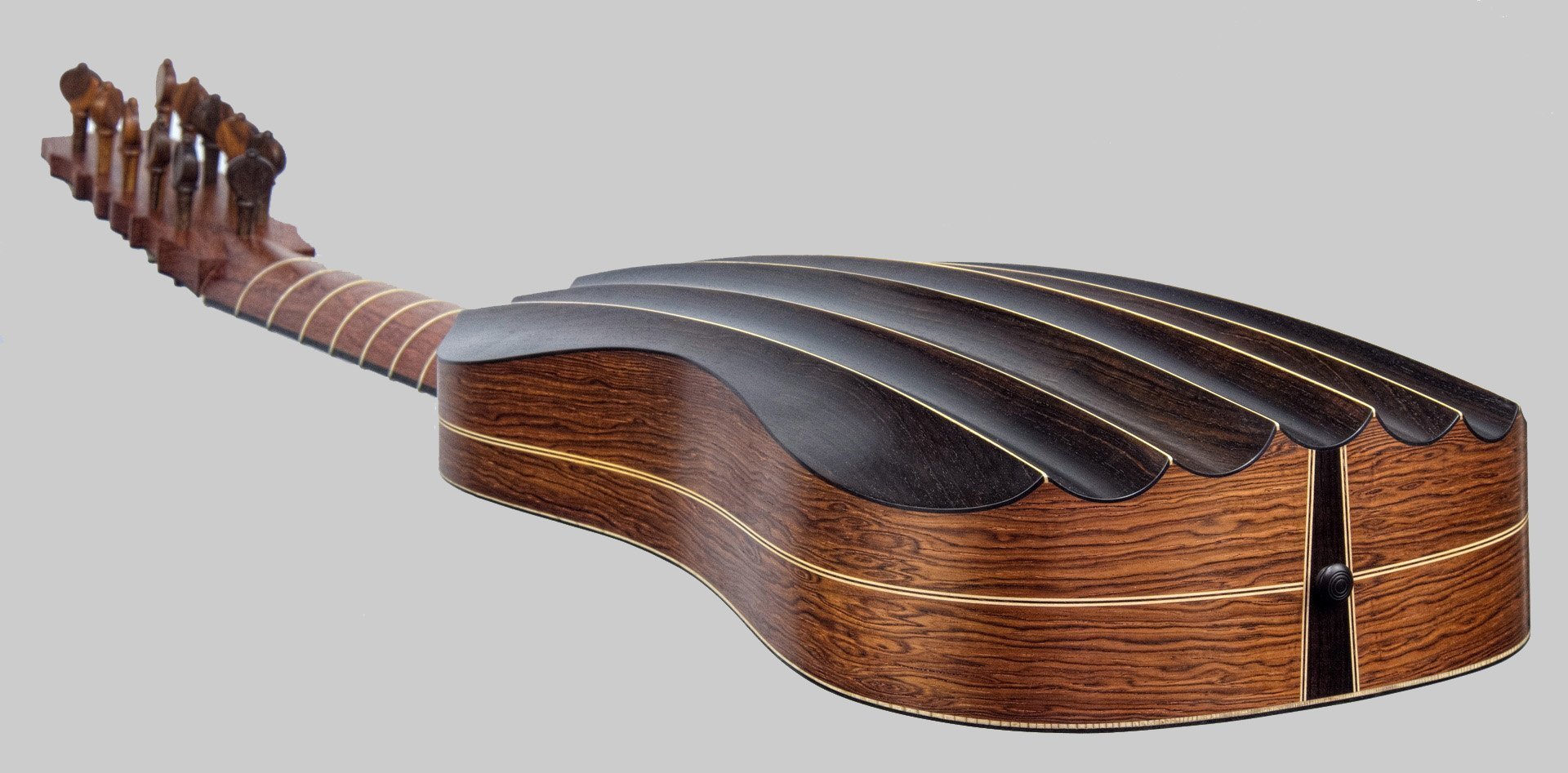 Dias model vihuela with fluted ribs in african blackwood end view in perspective